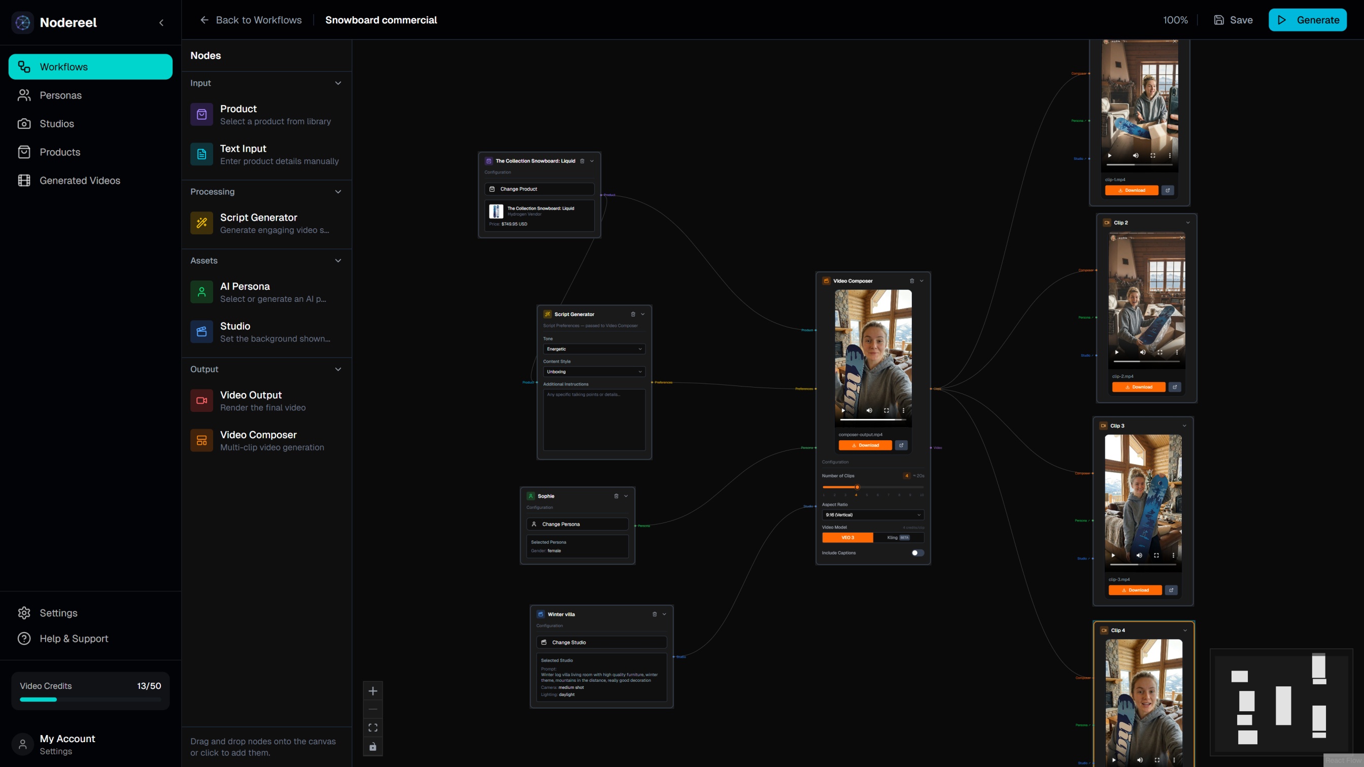 Nodereel visual workflow editor — connect AI persona, studio, script generator, and video output nodes to automate UGC video creation
